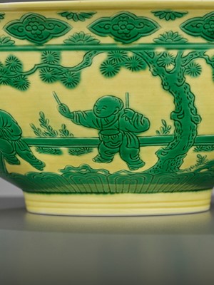 Lot 245 - AN INCISED YELLOW AND GREEN-GLAZED 'EIGHT BOYS' BOWL, YONGZHENG MARK AND PERIOD