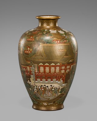 Lot 1091 - FŪZAN: A FINE SATSUMA CERAMIC VASE WITH A TEMPLE SCENE