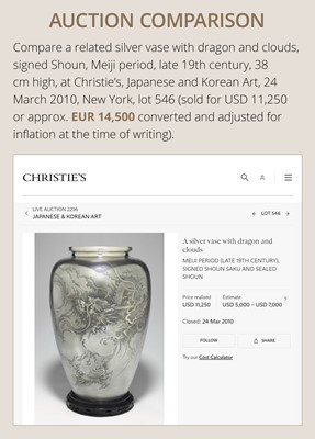 Lot 22 - KAWASHIMA TOSHU: A SUPERB AND LARGE GOLD-INLAID UCHIDASHI (REPOUSSÉ) SILVER ‘DRAGON’ VASE