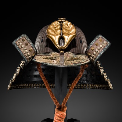 Lot 89 - MYOCHIN NOBUIE: A SUJIBACHI KABUTO WITH NABESHIMA (APRICOT LEAF) MON