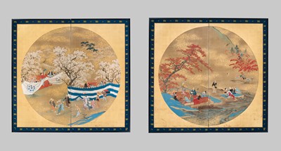 Lot 325 - A PAIR OF TWO TWO-PANEL BYOBU (FOLDING SCREENS) DEPICTING SPRING AND AUTUMN FESTIVITIES
