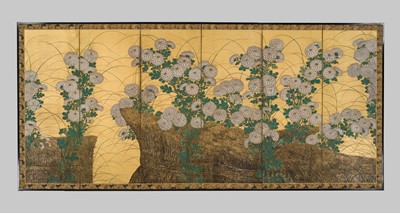 Lot 1320 - A SUPERB AND LARGE SIX-PANEL RINPA STYLE BYOBU SCREEN DEPICTING CHRYSANTHEMUM