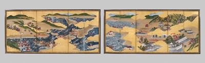 Lot 322 - A PAIR OF KANO SCHOOL SIX-PANEL BYOBU (FOLDING SCREEN) DEPICTING TWO BATTLES FROM THE GENPEI WAR: ICHINOTANI AND YASHIMA