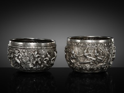 Lot 452 - A FINE PAIR OF EMBOSSED SILVER BOWLS, BURMA, 19TH CENTURY