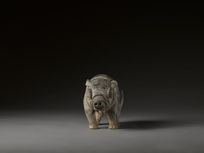 Lot 712 - A MASSIVE AND RARE EAST JAVANESE TERRACOTTA FIGURE OF A BOAR, MAJAPAHIT