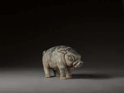 Lot 712 - A MASSIVE AND RARE EAST JAVANESE TERRACOTTA FIGURE OF A BOAR, MAJAPAHIT