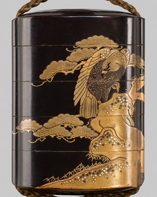 A FOUR-CASE GOLD AND BLACK LACQUER ‘SOGA EAGLE ON PINE’ INRO