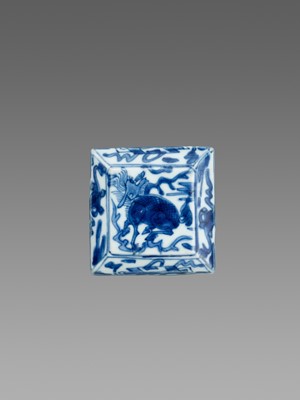 Lot 219 - A BLUE AND WHITE PORCELAIN ‘QILIN’ BOX AND COVER, LATE MING