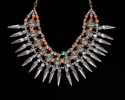 Lot 151 - A CORAL, TURQUOISE, AND SILVER BEADED THARU NECKLACE (KANTSHRI), EARLY 20TH CENTURY