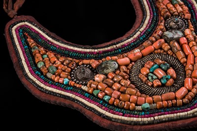 Lot 125 - A FINE TURQUOISE, CORAL AND BONE INLAID PECTORAL, SKEYPUK, 19TH CENTURY