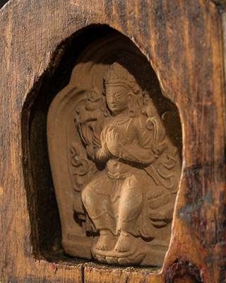 Lot 129 - A VERY WELL-PRESERVED TERRACOTTA VOTIVE PLAQUE OF MAITREYA, TSA-TSA, 18TH CENTURY OR EARLIER