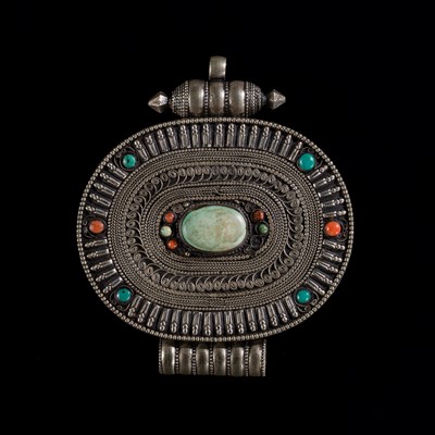 Lot 143 - A LARGE TURQUOISE AND CORAL INLAID SILVER AND COPPER AMULET BOX, GAU, 19TH CENTURY