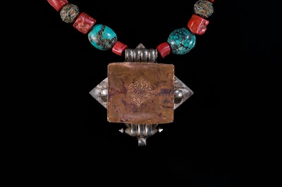Lot 118 - A RARE TURQUOISE AND CORAL INLAID SILVER NECKLACE WITH AN AMULET BOX, GAU, 19TH CENTURY