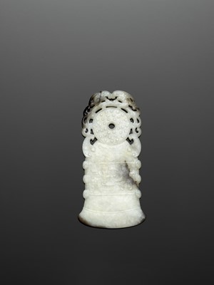 Lot 46 - A BLACK AND WHITE JADE ‘ARCHAISTIC’ AXE-FORM OPENWORK PENDANT, 18TH CENTURY