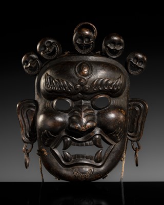 Lot 110 - A RARE COPPER REPOUSSÉ RITUAL MASK OF MAHAKALA, 19TH CENTURY
