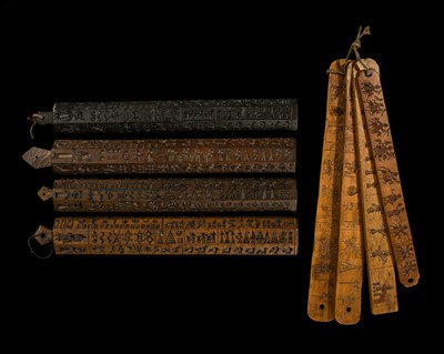 Lot 105 - A GROUP OF FIVE LARGE WOOD TORMA MOLD STICKS, ZANPAR AND TORPAR, 18TH-19TH CENTURY