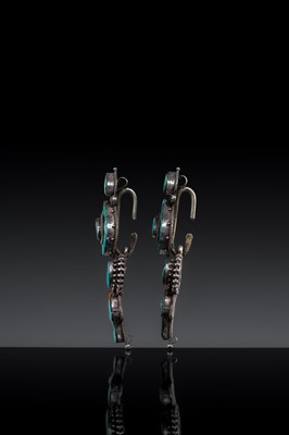 Lot 121 - A PAIR OF FINE TURQUOISE INLAID SILVER WOMAN'S TEMPLE PENDANTS, AKOR, 19TH CENTURY