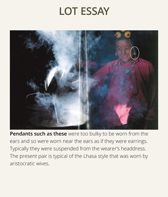 Lot 121 - A PAIR OF FINE TURQUOISE INLAID SILVER WOMAN'S TEMPLE PENDANTS, AKOR, 19TH CENTURY