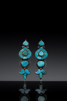 Lot 121 - A PAIR OF FINE TURQUOISE INLAID SILVER WOMAN'S TEMPLE PENDANTS, AKOR, 19TH CENTURY