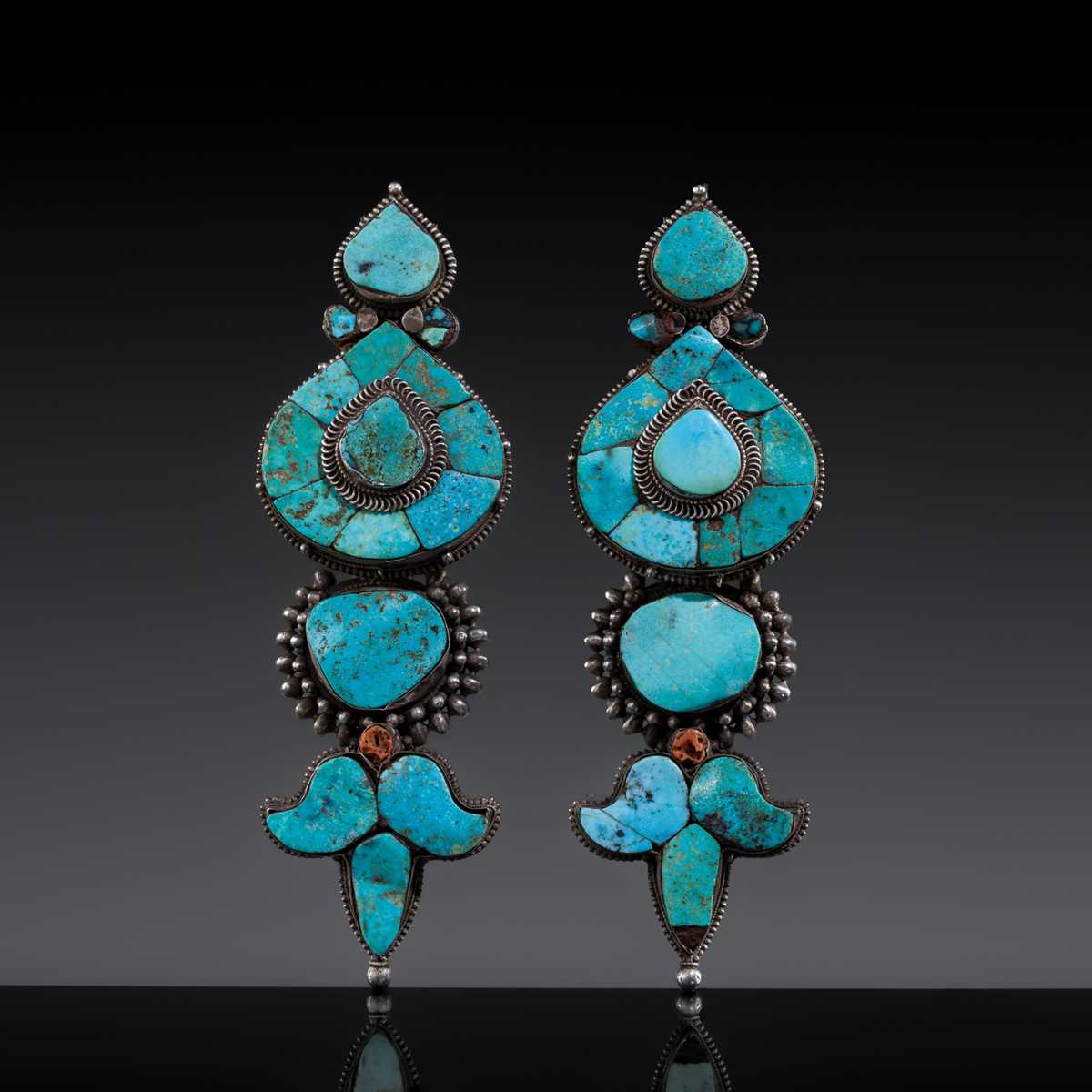 Lot 121 - A PAIR OF FINE TURQUOISE INLAID SILVER WOMAN'S TEMPLE PENDANTS, AKOR, 19TH CENTURY