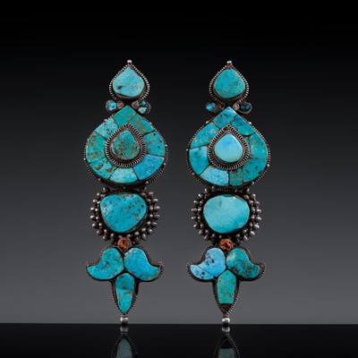 Lot 121 - A PAIR OF FINE TURQUOISE INLAID SILVER WOMAN'S TEMPLE PENDANTS, AKOR, 19TH CENTURY