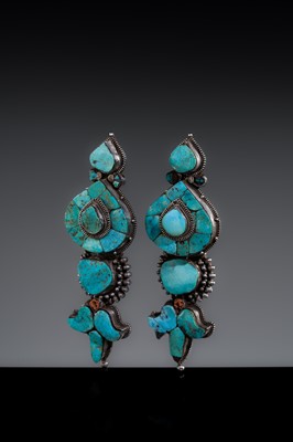 Lot 121 - A PAIR OF FINE TURQUOISE INLAID SILVER WOMAN'S TEMPLE PENDANTS, AKOR, 19TH CENTURY