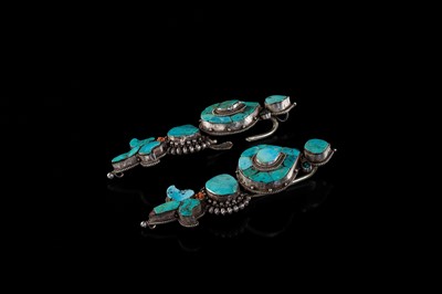 Lot 121 - A PAIR OF FINE TURQUOISE INLAID SILVER WOMAN'S TEMPLE PENDANTS, AKOR, 19TH CENTURY