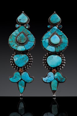 Lot 121 - A PAIR OF FINE TURQUOISE INLAID SILVER WOMAN'S TEMPLE PENDANTS, AKOR, 19TH CENTURY