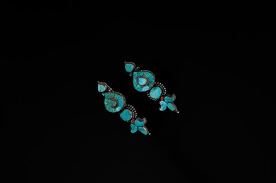 Lot 121 - A PAIR OF FINE TURQUOISE INLAID SILVER WOMAN'S TEMPLE PENDANTS, AKOR, 19TH CENTURY