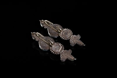 Lot 121 - A PAIR OF FINE TURQUOISE INLAID SILVER WOMAN'S TEMPLE PENDANTS, AKOR, 19TH CENTURY