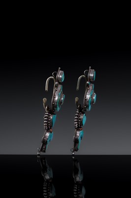Lot 121 - A PAIR OF FINE TURQUOISE INLAID SILVER WOMAN'S TEMPLE PENDANTS, AKOR, 19TH CENTURY