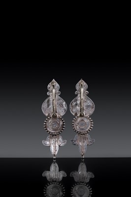 Lot 121 - A PAIR OF FINE TURQUOISE INLAID SILVER WOMAN'S TEMPLE PENDANTS, AKOR, 19TH CENTURY