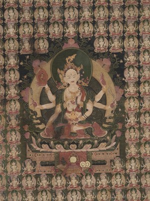 Lot 56 - A FINE AND POWERFUL THANGKA DEPICTING USHNISHAVIJAYA, MONGOLIA, 18TH CENTURY