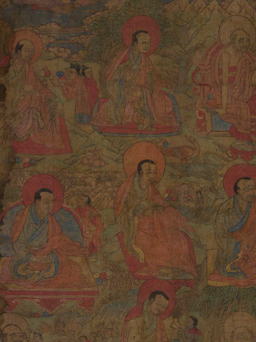 A FINE THANGKA DEPICTING NINE ARHATS, TIBET, 17TH-18TH CENTURY