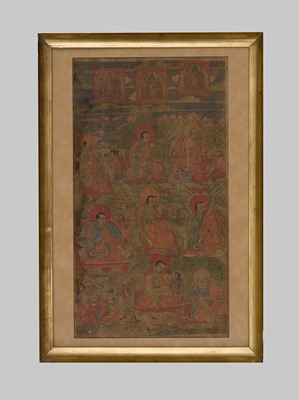 A FINE THANGKA DEPICTING NINE ARHATS, TIBET, 17TH-18TH CENTURY