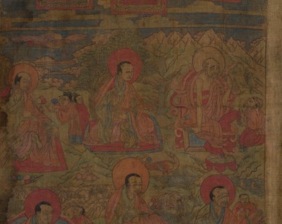 A FINE THANGKA DEPICTING NINE ARHATS, TIBET, 17TH-18TH CENTURY