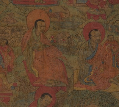 A FINE THANGKA DEPICTING NINE ARHATS, TIBET, 17TH-18TH CENTURY