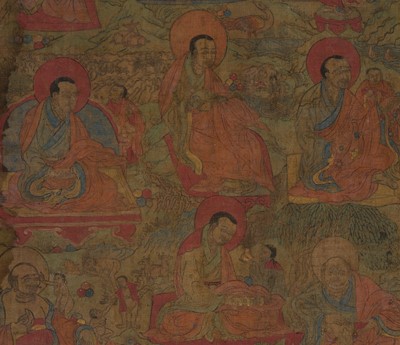 A FINE THANGKA DEPICTING NINE ARHATS, TIBET, 17TH-18TH CENTURY
