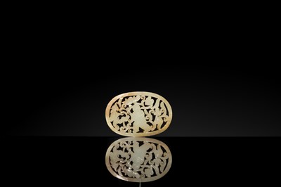 A WHITE AND RUSSET JADE PLAQUE WITH A HUMAN FIGURE AMONG FOLIAGE, LATE QING DYNASTY OR EARLIER