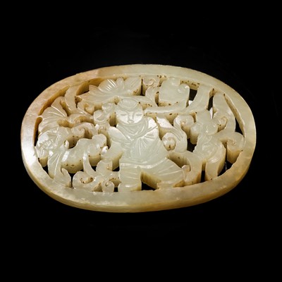 A WHITE AND RUSSET JADE PLAQUE WITH A HUMAN FIGURE AMONG FOLIAGE, LATE QING DYNASTY OR EARLIER