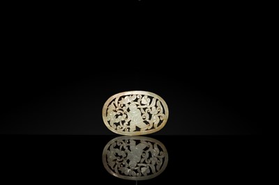 A WHITE AND RUSSET JADE PLAQUE WITH A HUMAN FIGURE AMONG FOLIAGE, LATE QING DYNASTY OR EARLIER