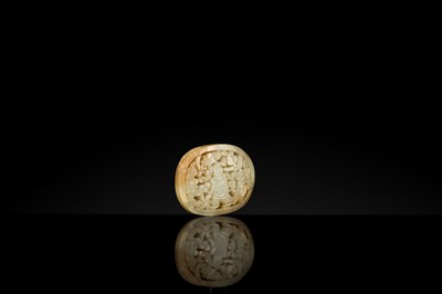 A WHITE AND RUSSET JADE PLAQUE WITH A HUMAN FIGURE AMONG FOLIAGE, LATE QING DYNASTY OR EARLIER