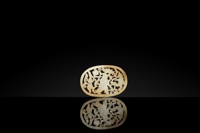 A WHITE AND RUSSET JADE PLAQUE WITH A HUMAN FIGURE AMONG FOLIAGE, LATE QING DYNASTY OR EARLIER