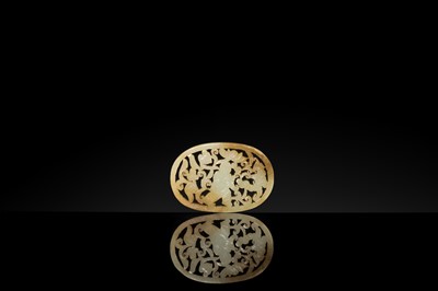 A WHITE AND RUSSET JADE PLAQUE WITH A HUMAN FIGURE AMONG FOLIAGE, LATE QING DYNASTY OR EARLIER