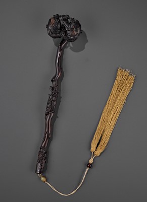 Lot 438 - A CORAL-INLAID AND OPENWORK ZITAN ‘POMEGRANATE’ RUYI SCEPTER, QING