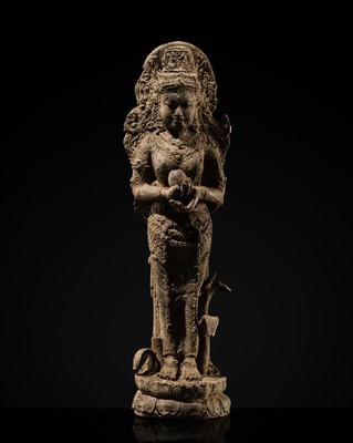Lot 477 - A SMALL BRONZE FIGURE OF SRI DEVI, MAJAPAHIT PERIOD, EAST JAVA, 14TH-15TH CENTURY