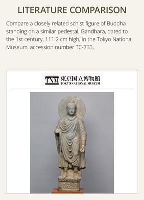 Lot 16 - A LARGE AND IMPORTANT POLISHED GRAY SCHIST FIGURE OF BUDDHA SHAKYAMUNI, ANCIENT REGION OF GANDHARA, SWAT VALLEY, 2ND-4TH CENTURY