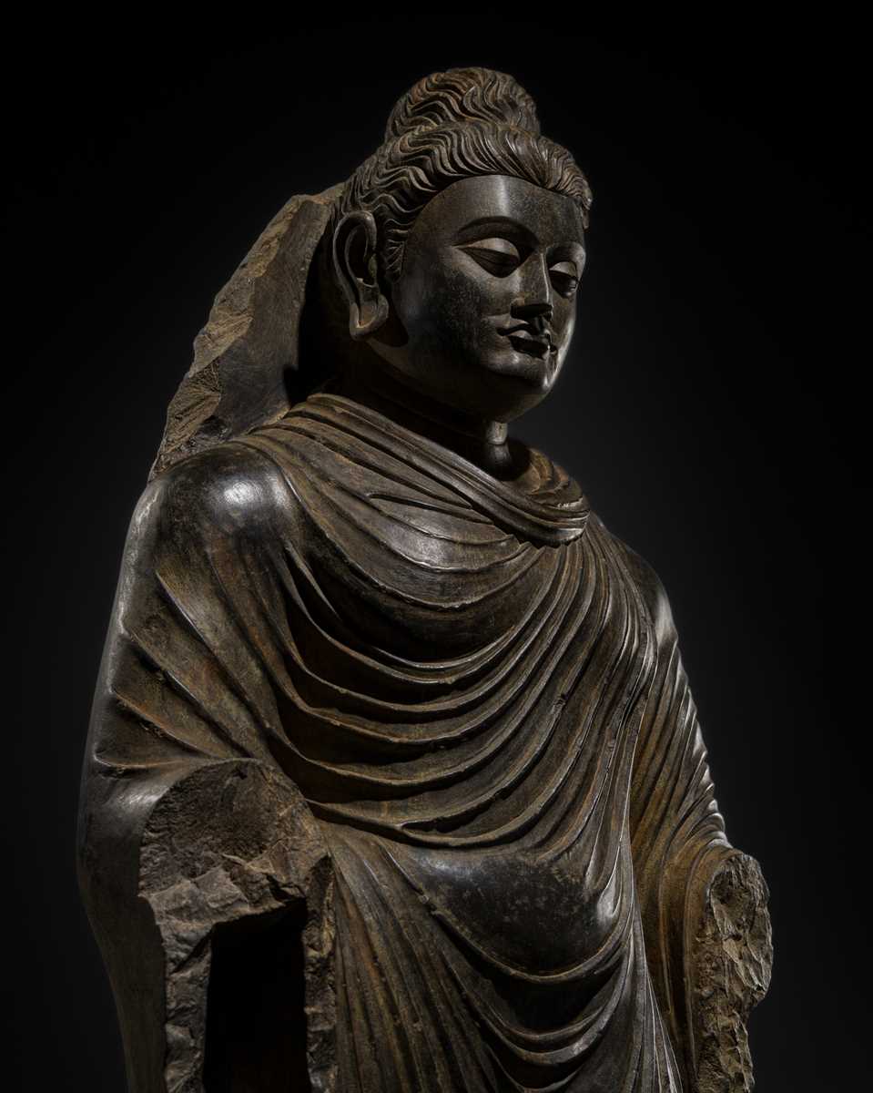 Lot 16 - A LARGE AND IMPORTANT POLISHED GRAY SCHIST FIGURE OF BUDDHA SHAKYAMUNI, ANCIENT REGION OF GANDHARA, SWAT VALLEY, 2ND-4TH CENTURY