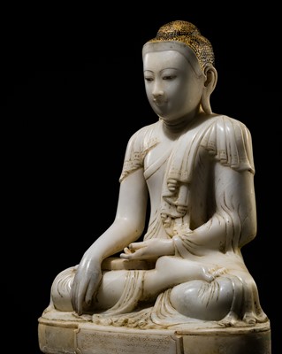 Lot 14 - A MAGNIFICENT GILT AND PAINTED WHITE MARBLE FIGURE OF BUDDHA, MANDALAY, 18TH-19TH CENTURY