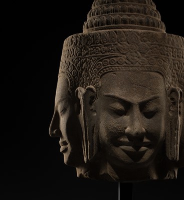 Lot 8 - A SUPERB AND VERY RARE SANDSTONE HEAD OF BRAHMA, BAYON STYLE, ANGKOR PERIOD, 13TH CENTURY